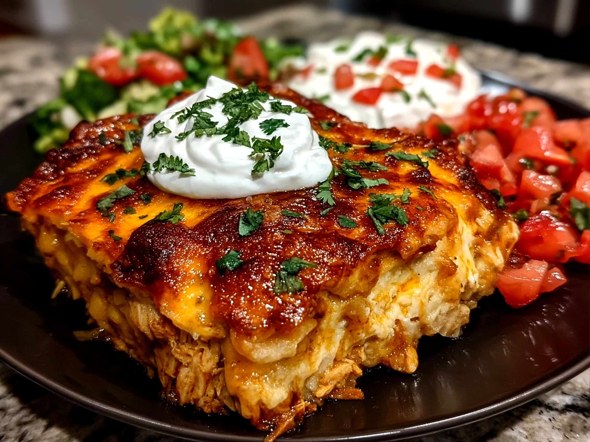 Serving Crockpot Chicken Enchilada Casserole with fresh garnishes