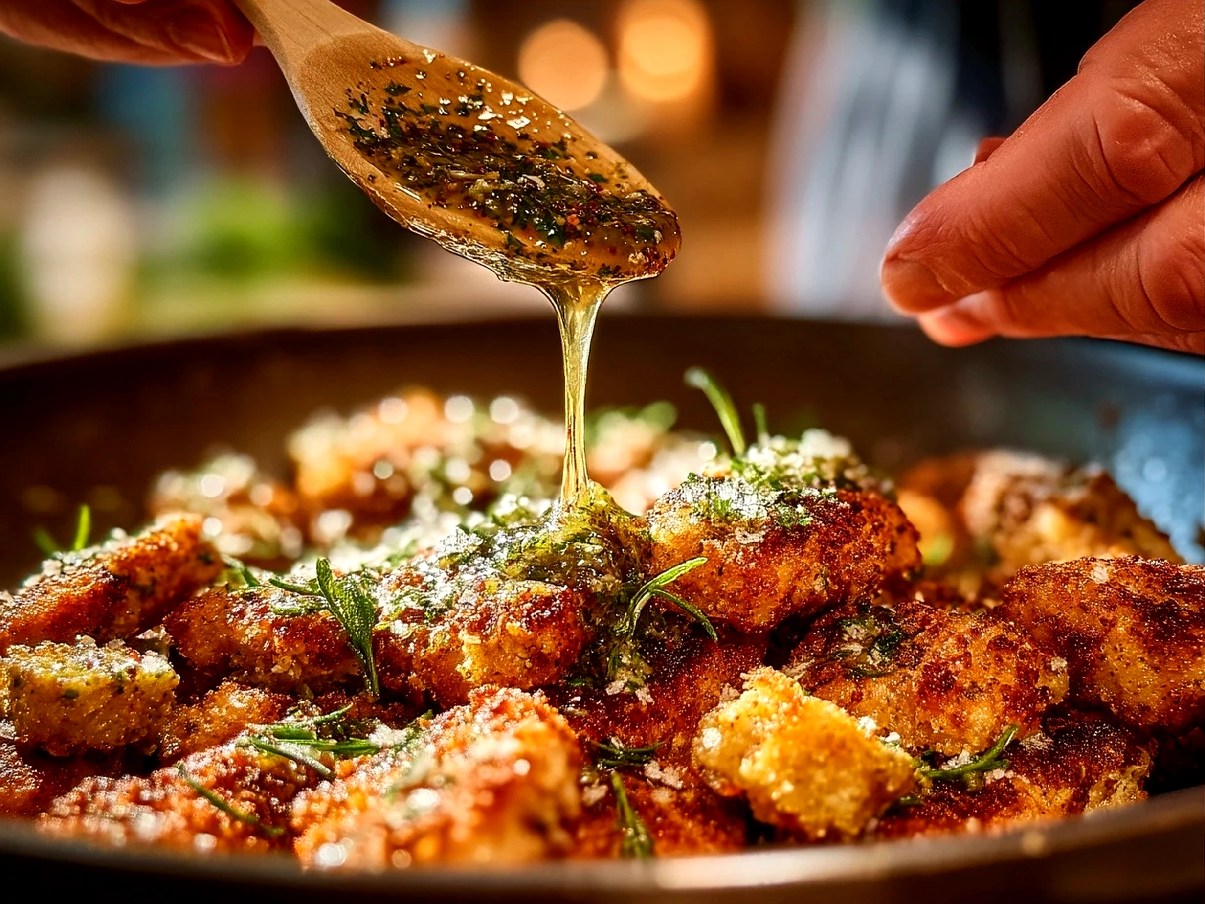 Plated Dill Pickle Parmesan Chicken served with sides and garnished with fresh dill