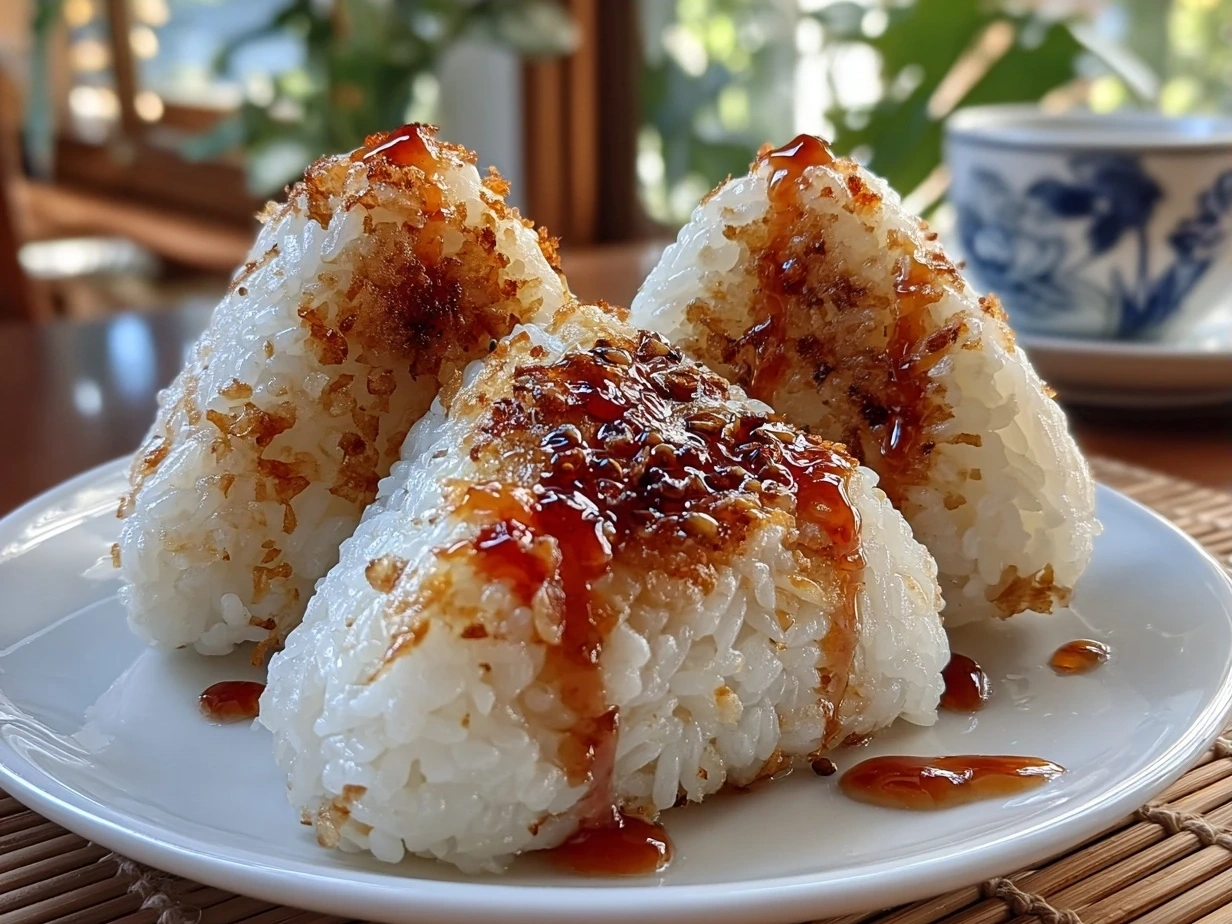 Golden crispy Easy Yaki Onigiri rice balls served with nori strips
