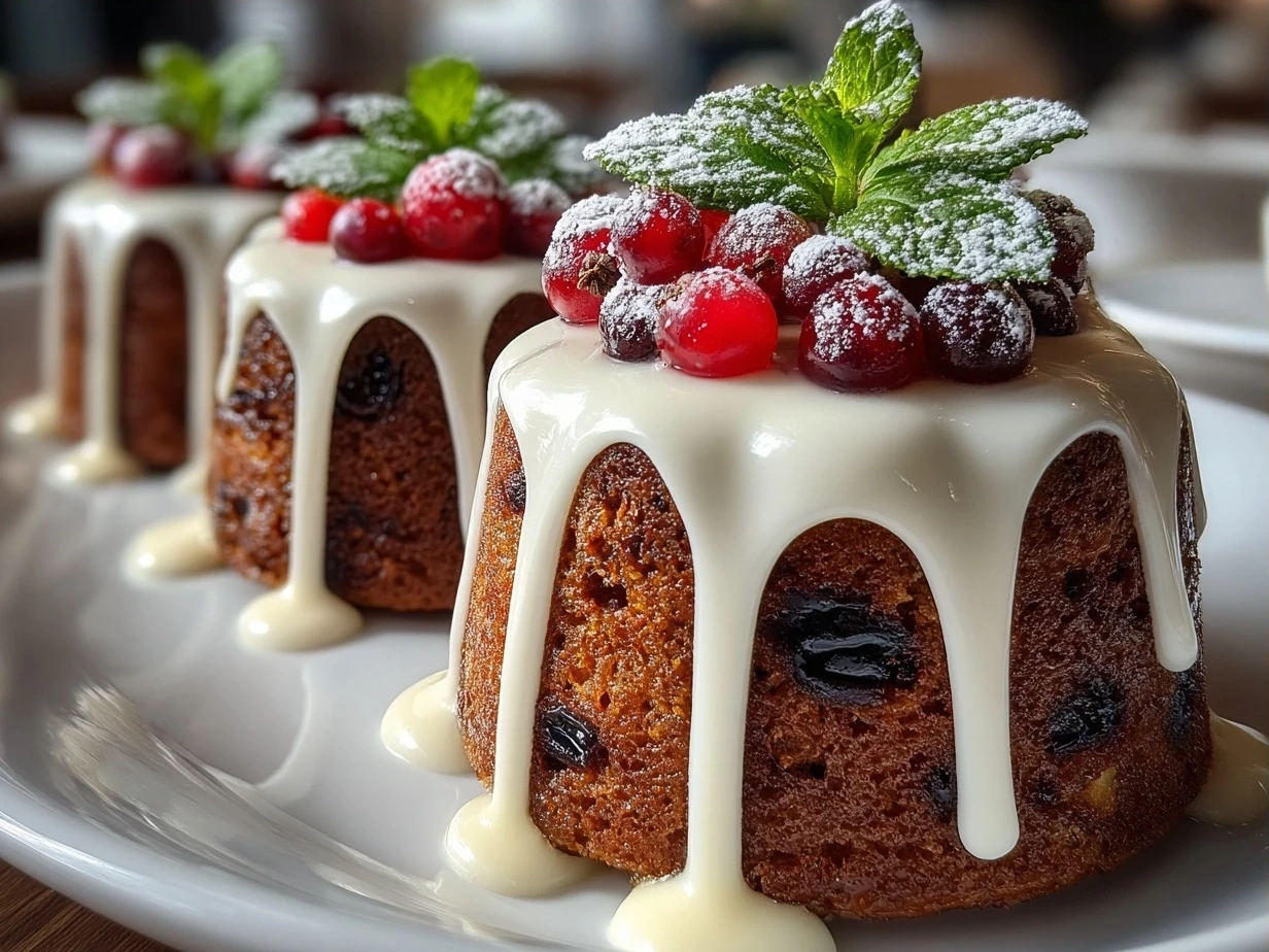 Stacked Festive Mini Christmas Cakes with glossy chocolate ganache glaze on a festive plate