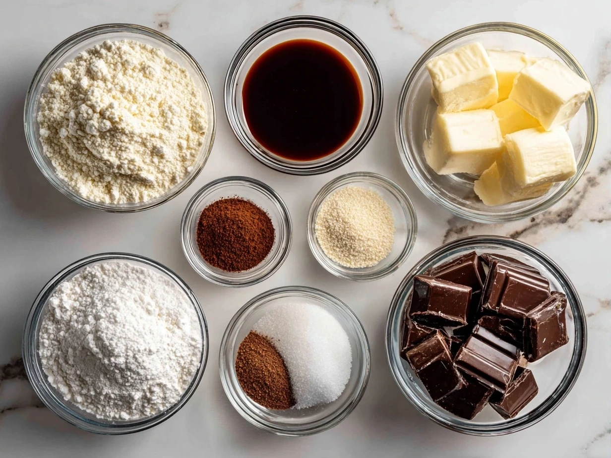 Ingredients for Festive Mini Christmas Cakes with Ganache including flour, spices, butter, eggs, chocolate, and cream
