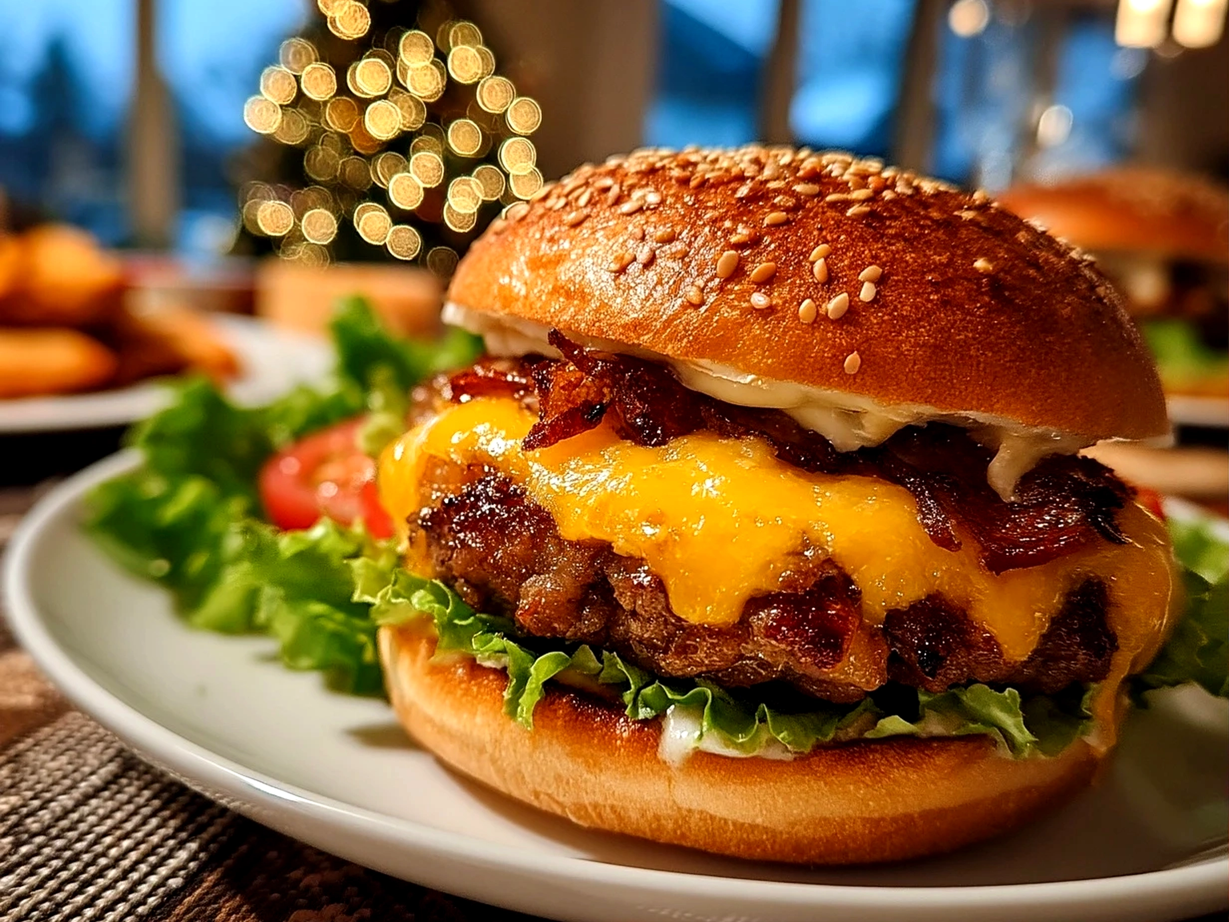 Close-up of finished baked cheeseburger with garnish
