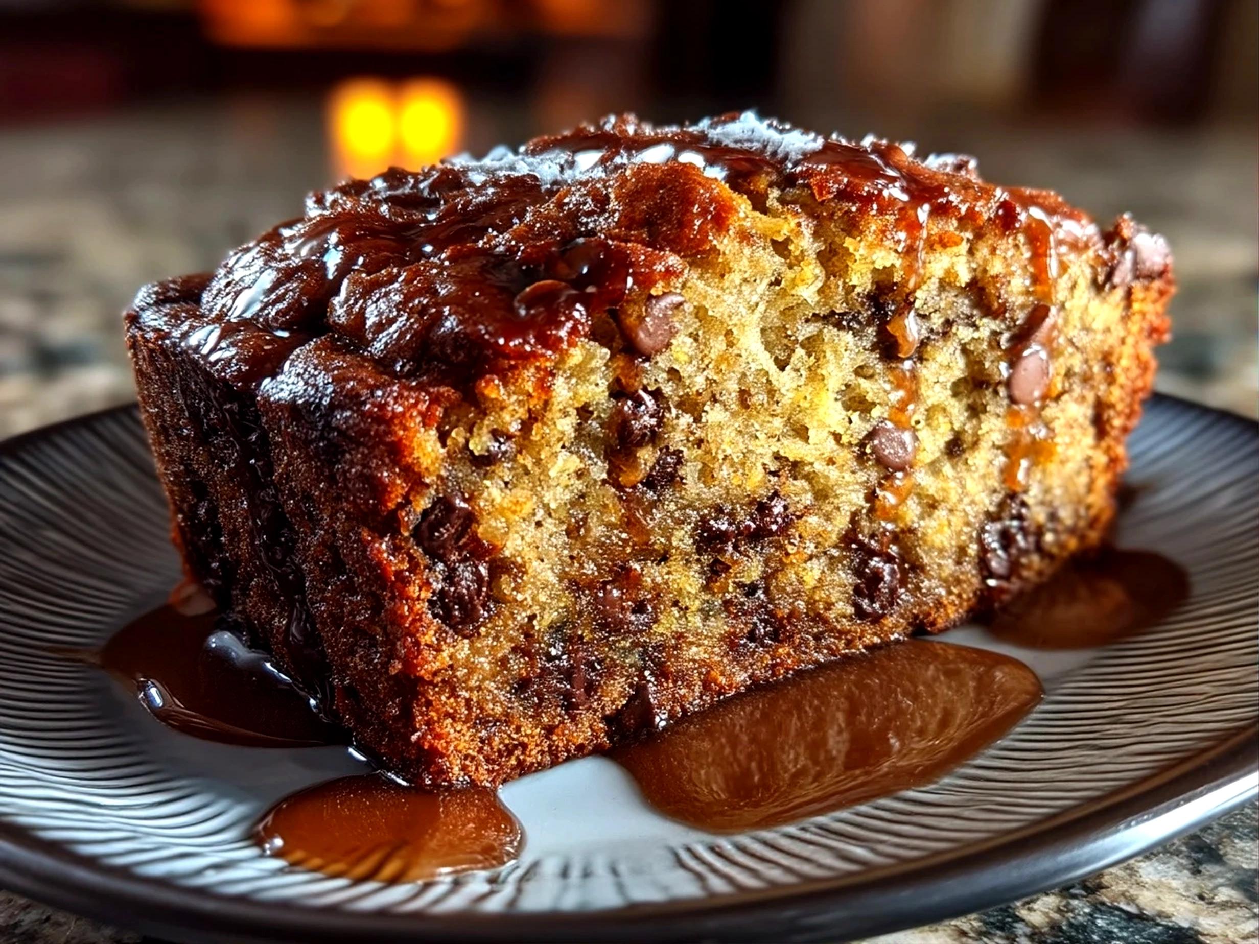 Close-up of finished Chocolate Chip Banana Bread with glossy surface