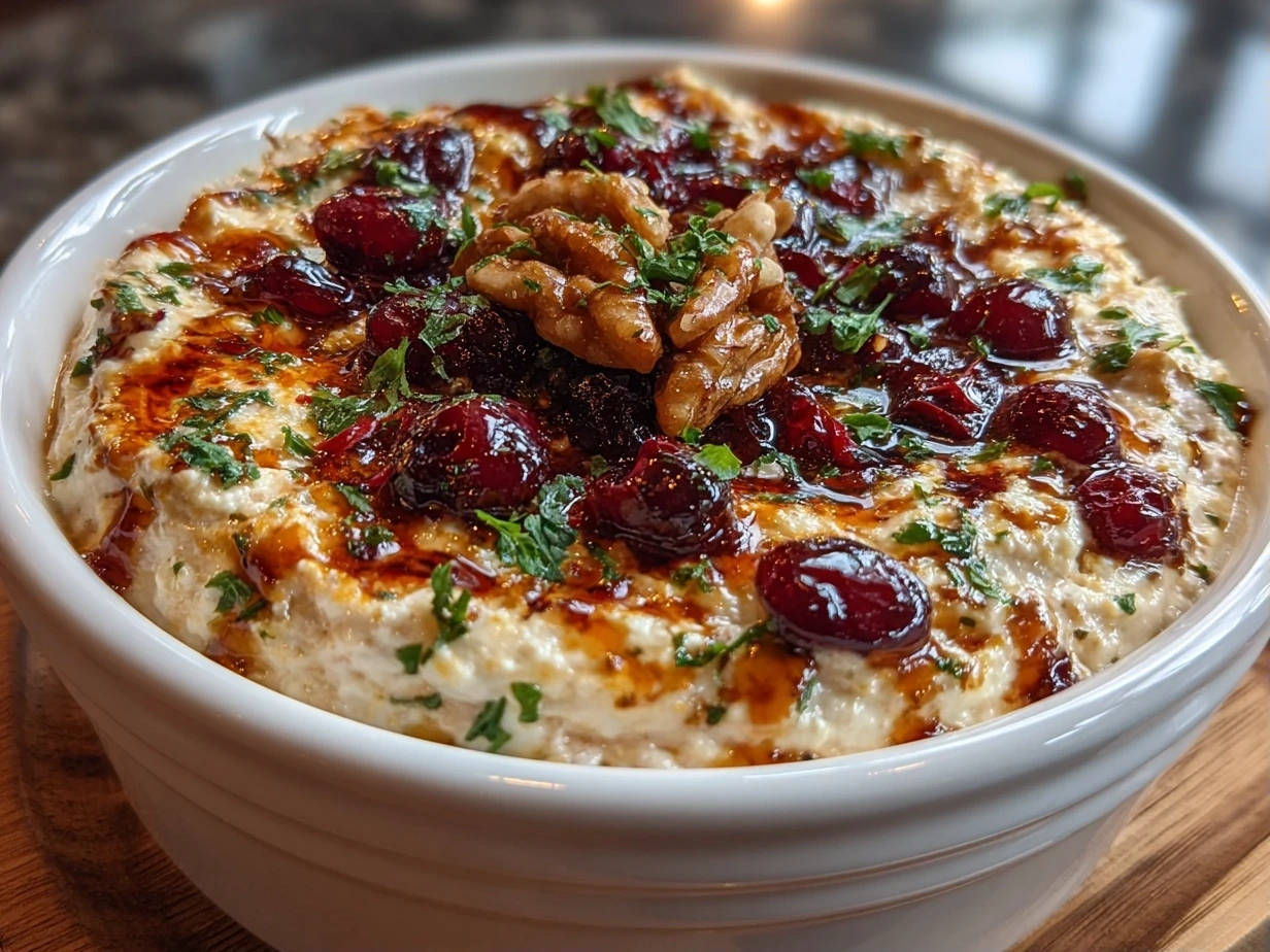 Close-up of finished comforting creamy Cranberry Jalapeño Dip ready to serve