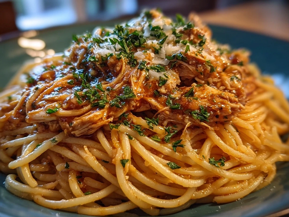 Close-up image of creamy Crockpot Chicken Spaghetti finished and ready to serve