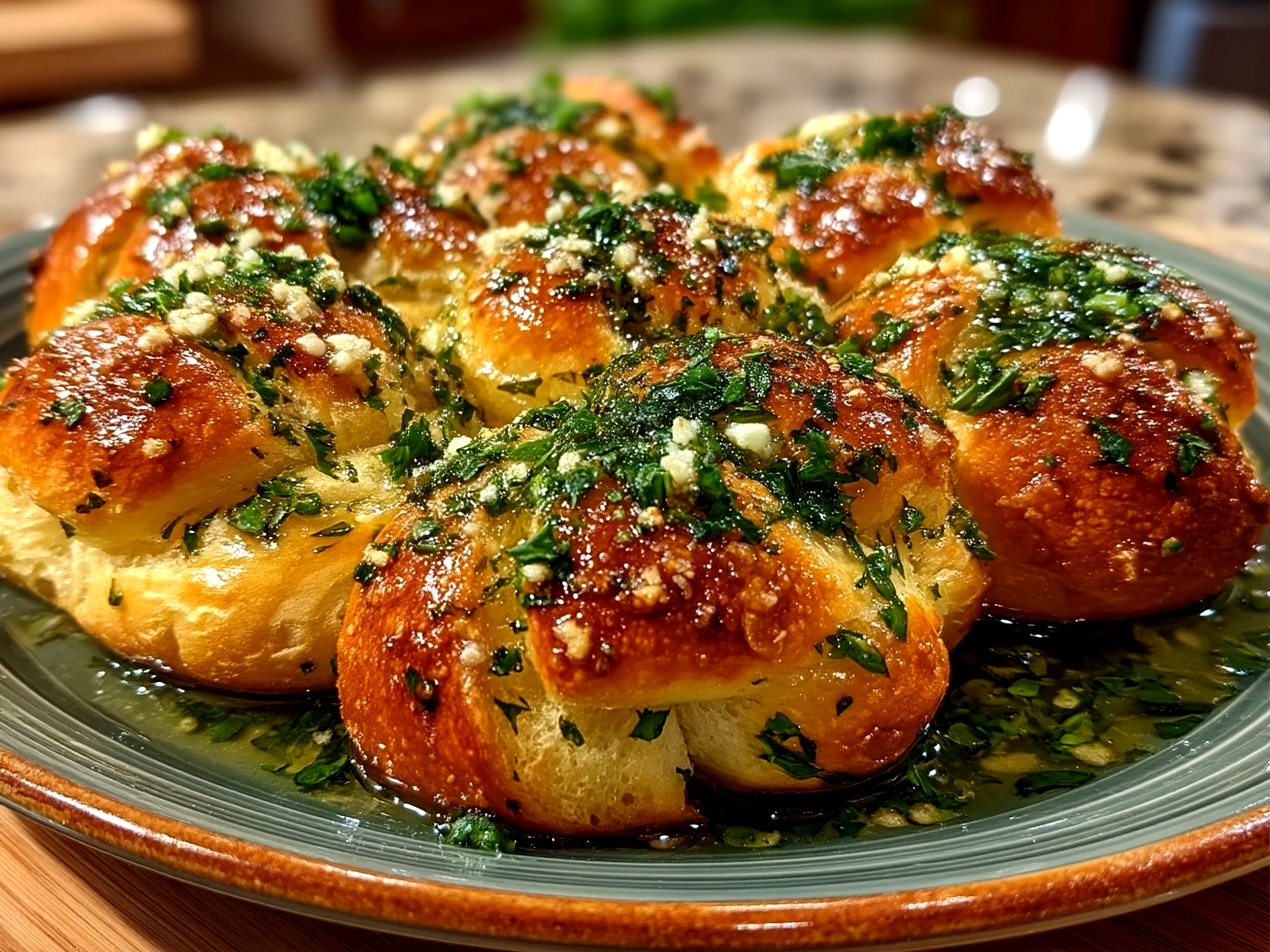 Close-up of finished garlic knots with herb and butter sheen