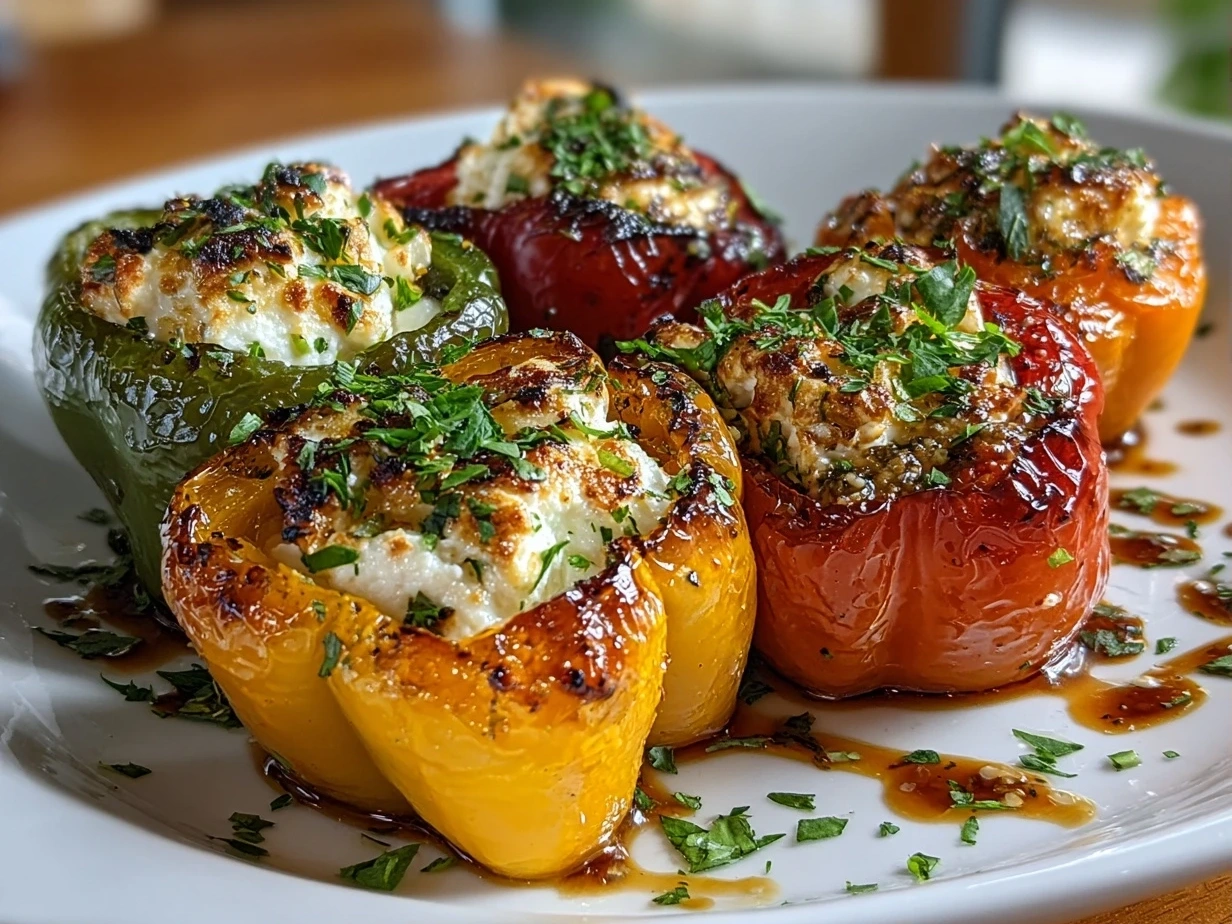 Finished Goat Cheese Stuffed Mini Peppers on a plate, garnished with fresh herbs and a drizzle of honey.