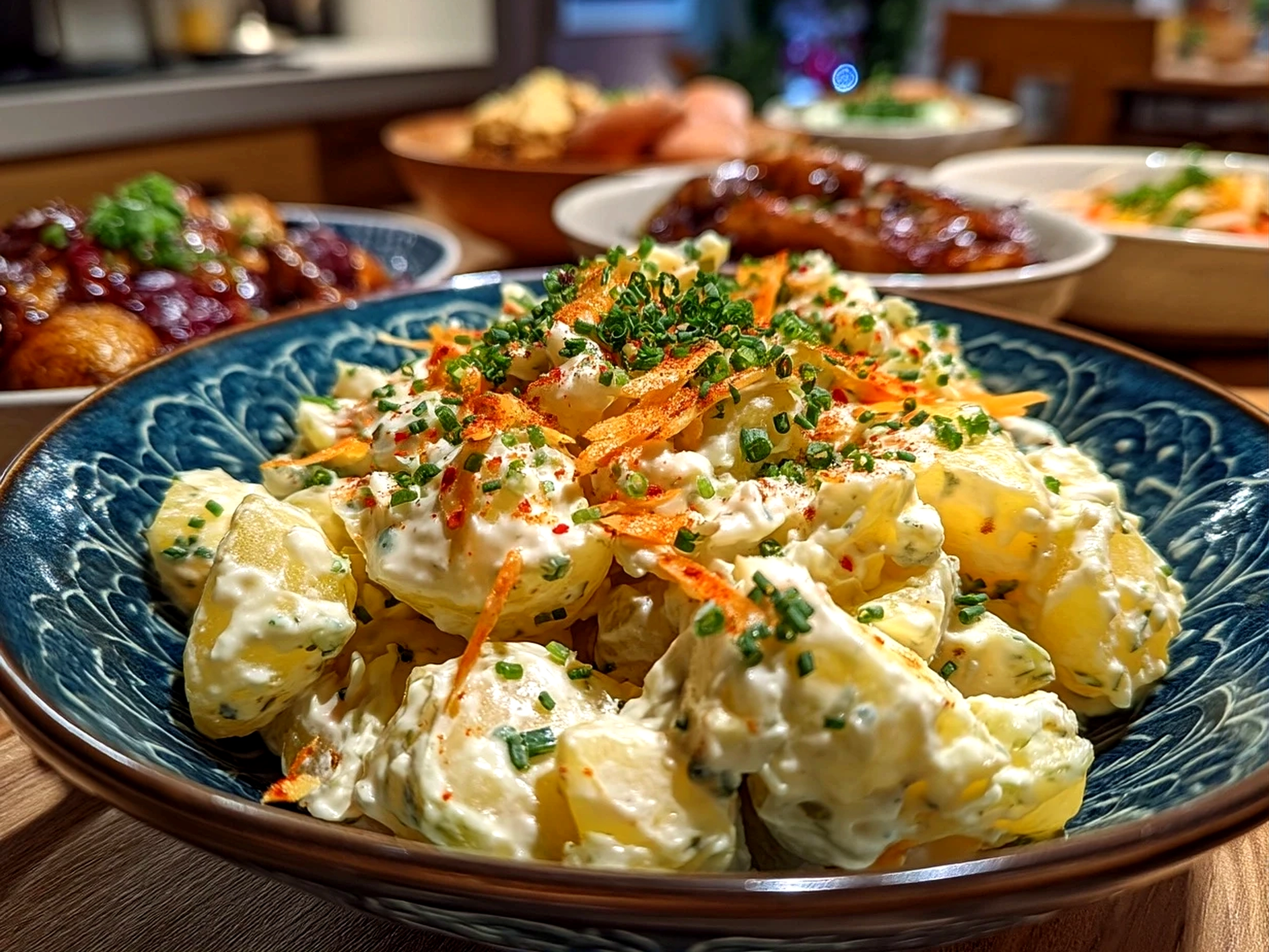 Finished homemade Japanese potato salad served in a bowl garnished with sesame seeds and chives