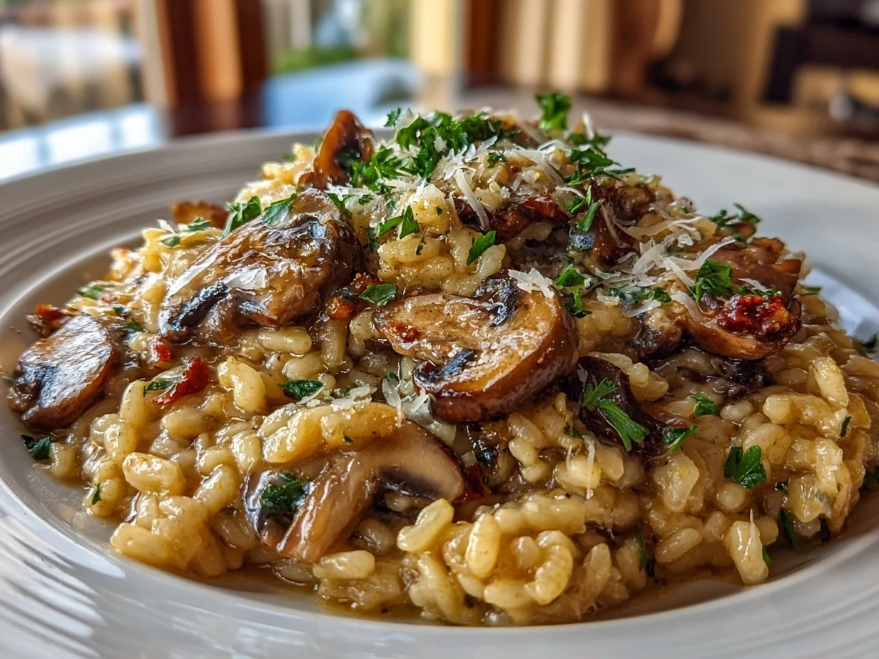 Creamy mushroom risotto in a bowl garnished with parsley.