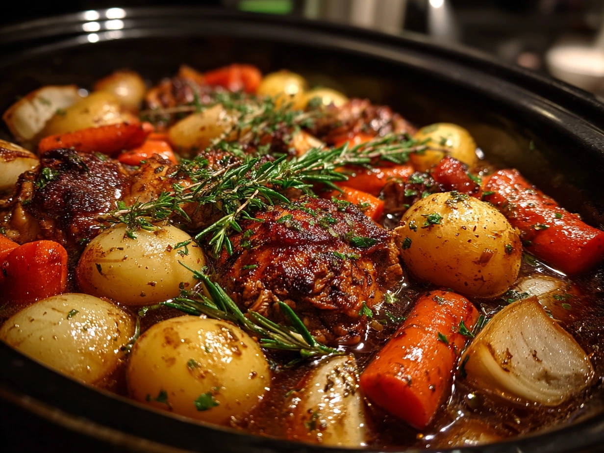 Finished slow cooker Greek chicken plated with olives, lemon wedges, and crumbled feta cheese