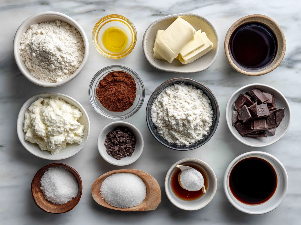 Ingredients for Flourless Greek Yogurt Brownies including Greek yogurt, cocoa powder, honey, eggs, baking powder, vanilla extract, salt, and dark chocolate chips
