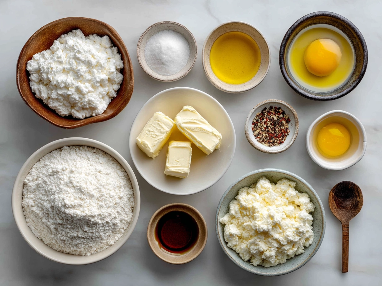 Ingredients for Fluffy Keto Cottage Cheese Bread including full-fat cottage cheese, eggs, almond flour, and spices