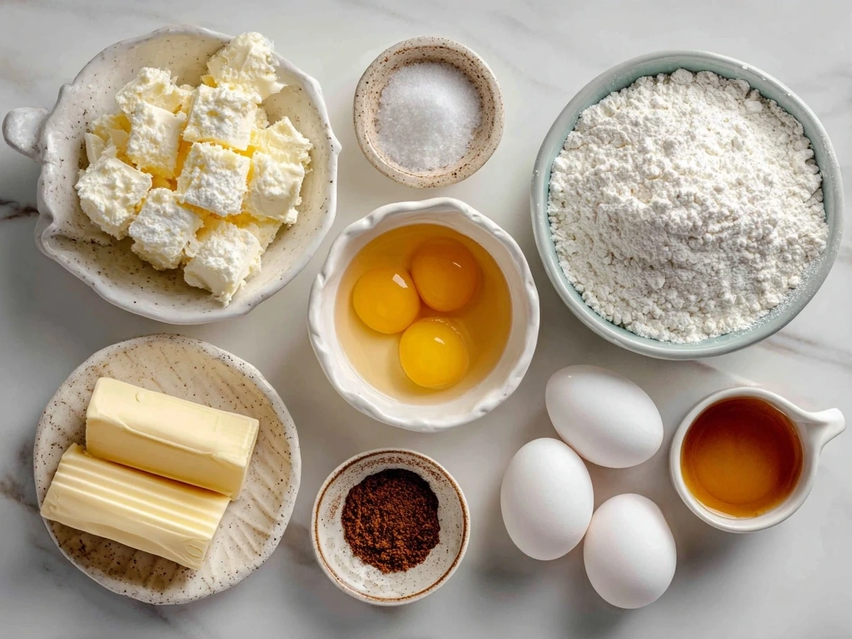 Ingredients for French Butter Cake laid out on a table including butter, eggs, flour, sugar and vanilla
