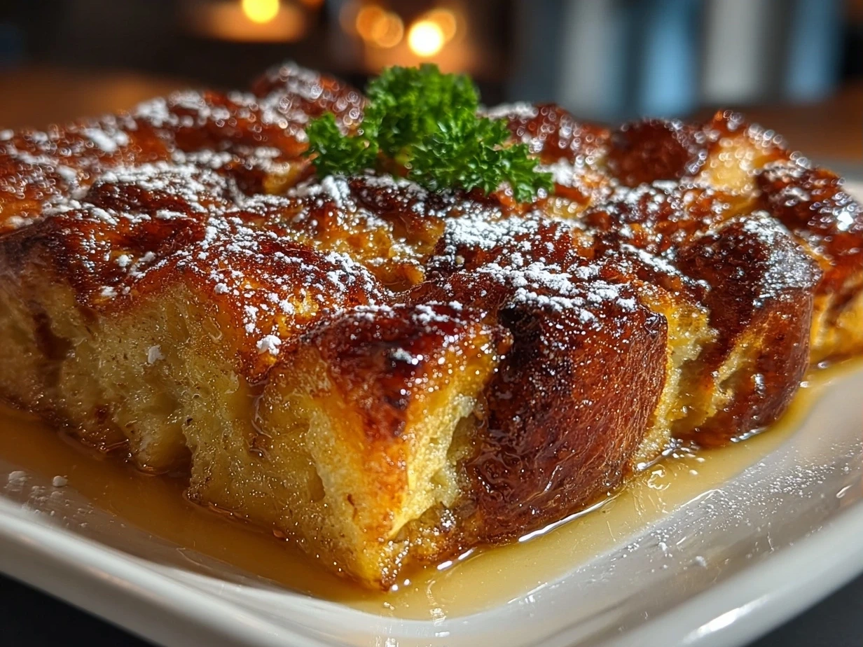 Golden baked French Toast Bake served in a dish showcasing creamy layers