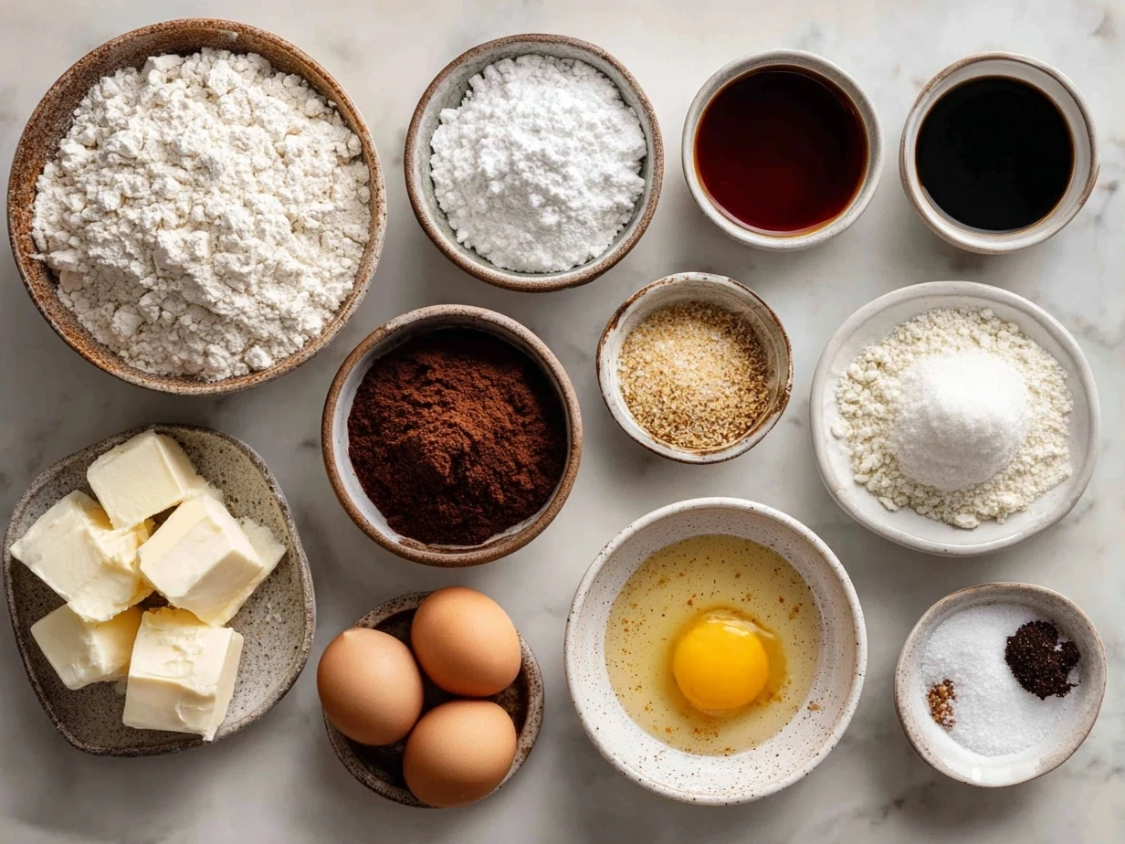 Ingredients laid out for French Toast Bake recipe including bread, eggs, milk, cinnamon, and cream cheese