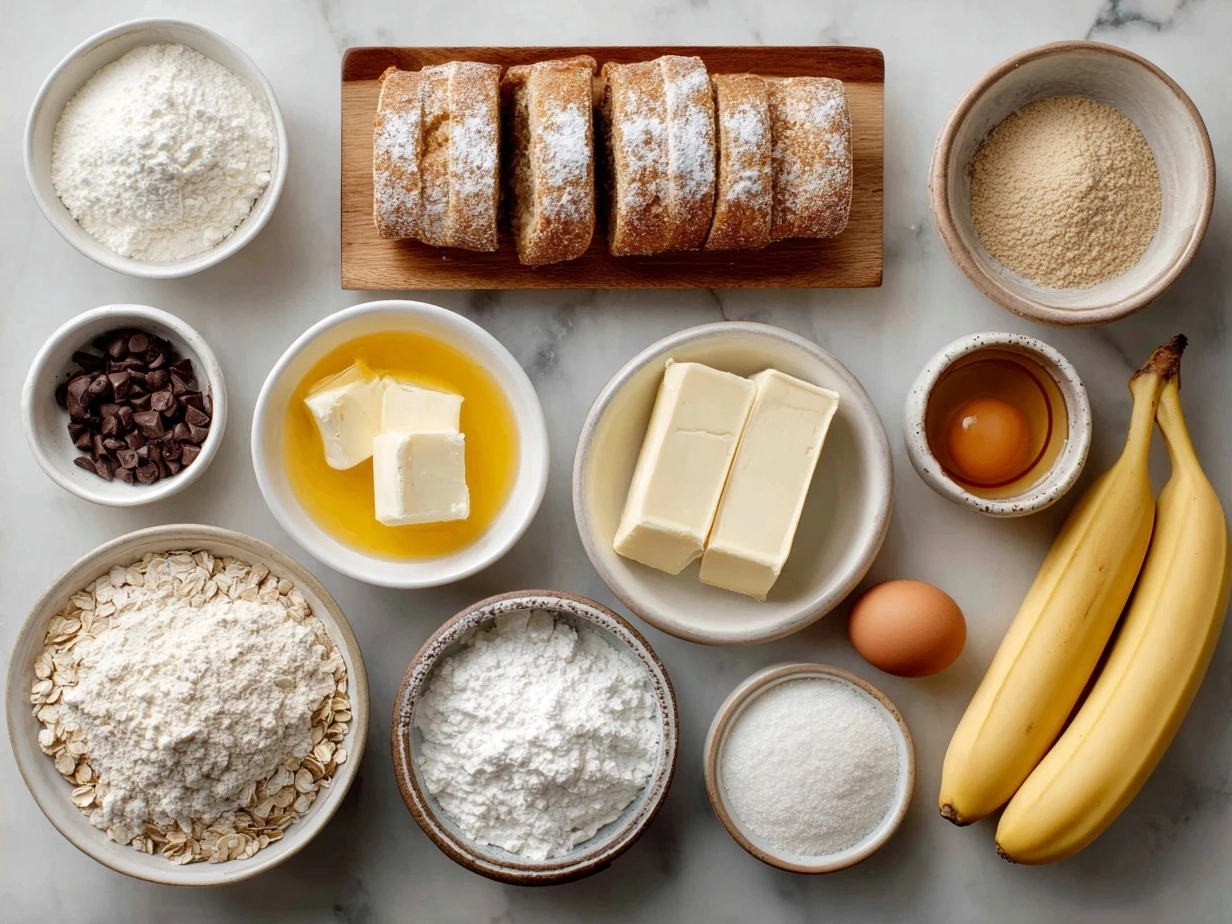 Ingredients for French Toast Casserole laid out on a white surface