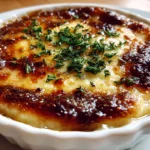 Freshly prepared Japanese Onion Soup in white bowl