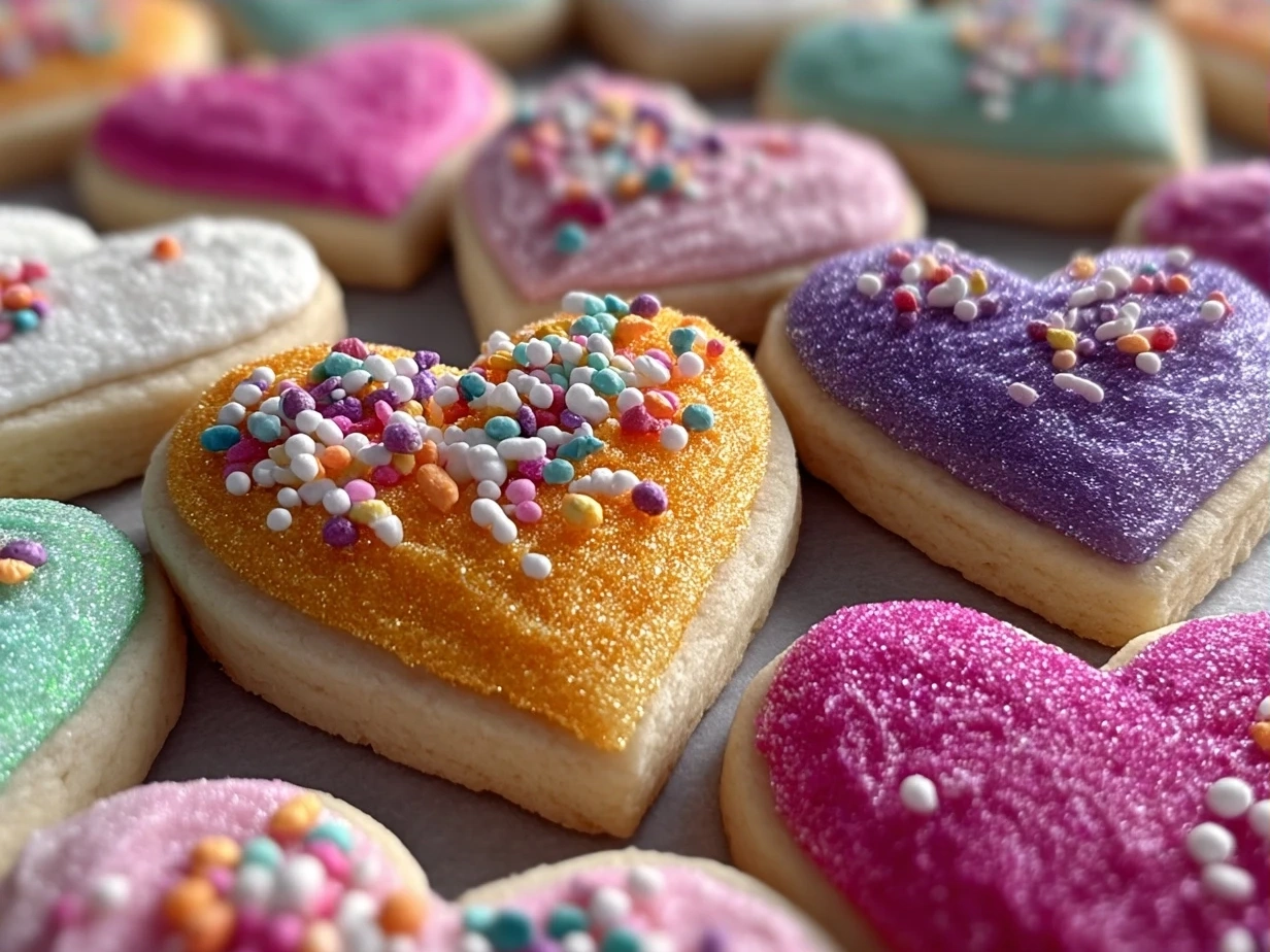 Plated Frosted Heart Sugar Cookies that are decorated with colorful frosting in heart shapes