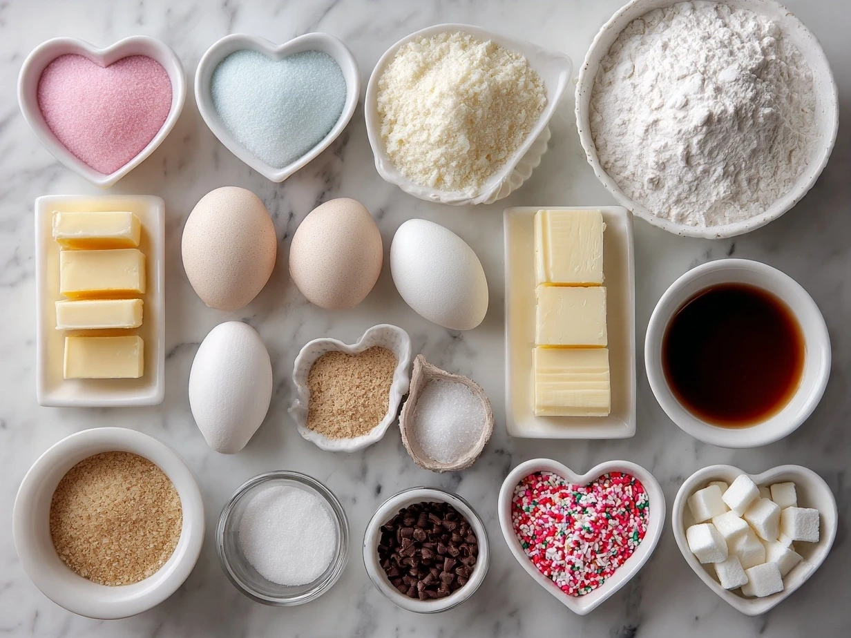 Ingredients for Frosted Heart Sugar Cookies including flour, sugar, butter, and vanilla