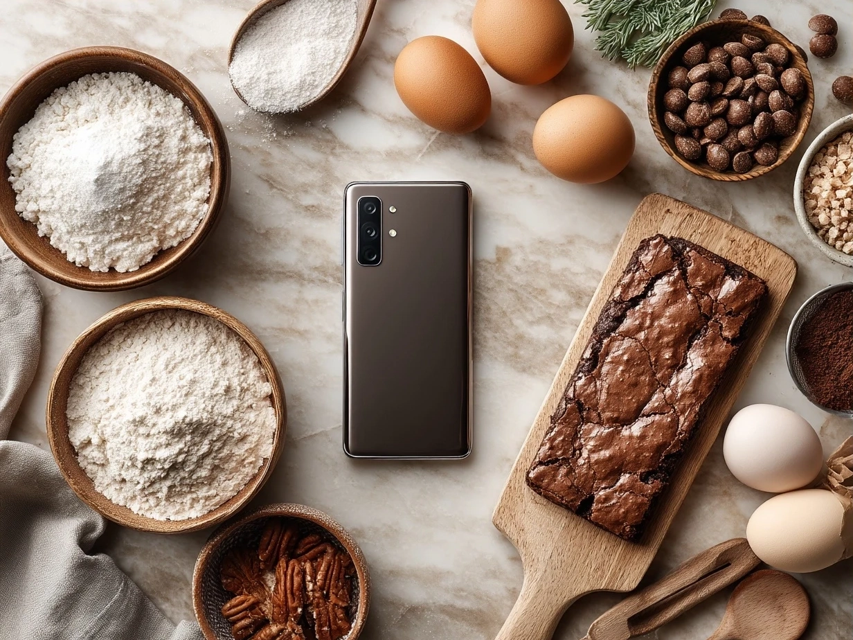 Ingredients for Fudgy Brownie Cookies on a kitchen table