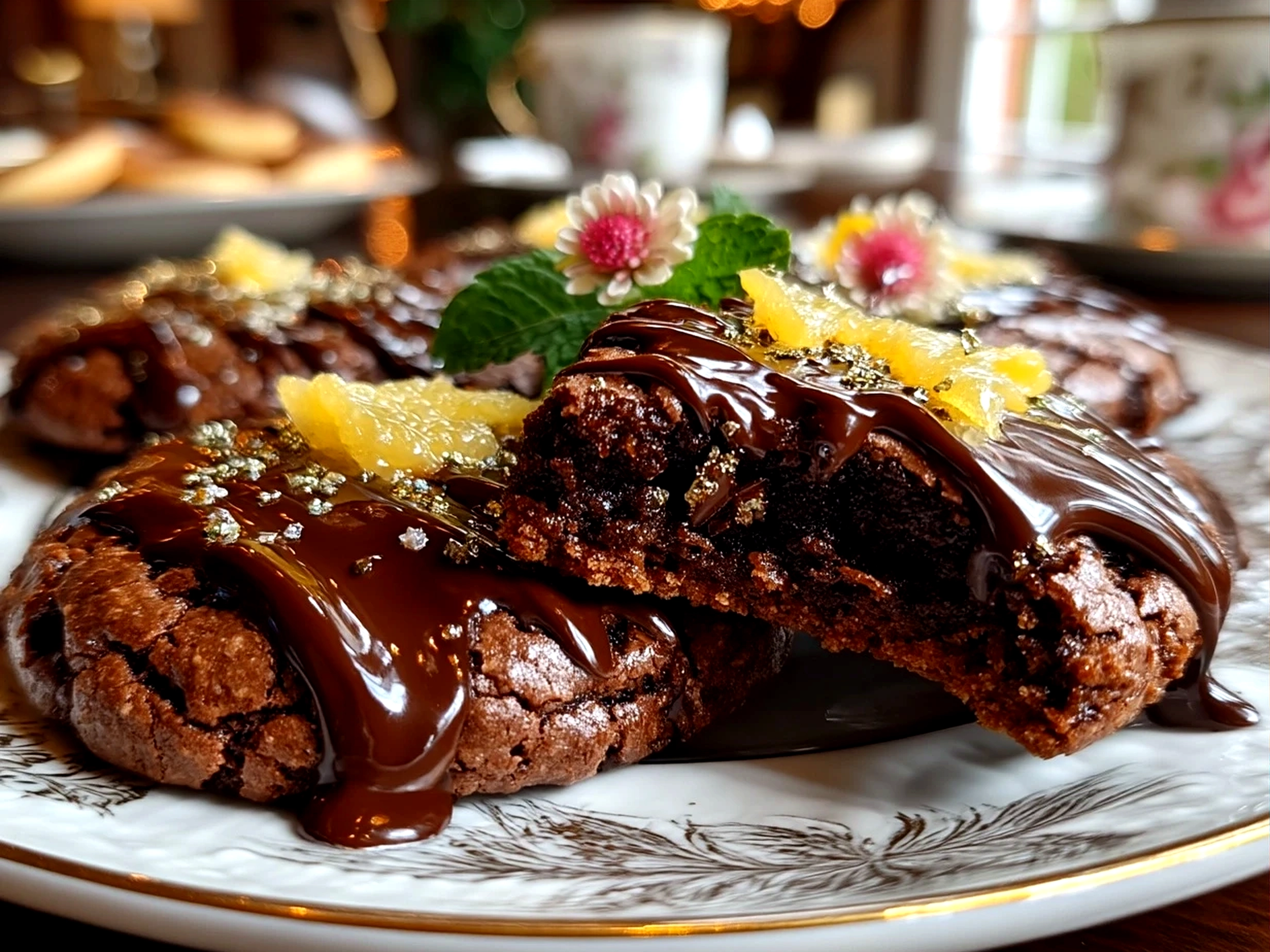 Stack of fudgy Grasshopper Cookies on a plate, showcasing melted mint pieces and glossy chocolate texture