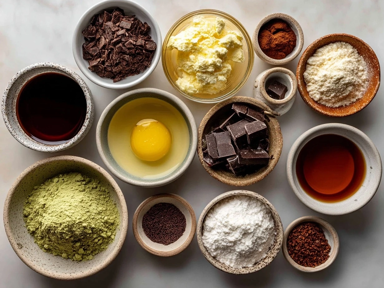 Ingredients for fudgy Grasshopper Cookies including butter, brown sugar, cocoa powder, and mint chips