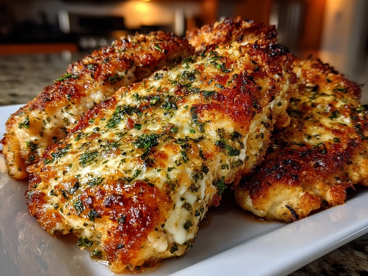 Creamy garlic parmesan chicken thighs with golden crust served on a white plate