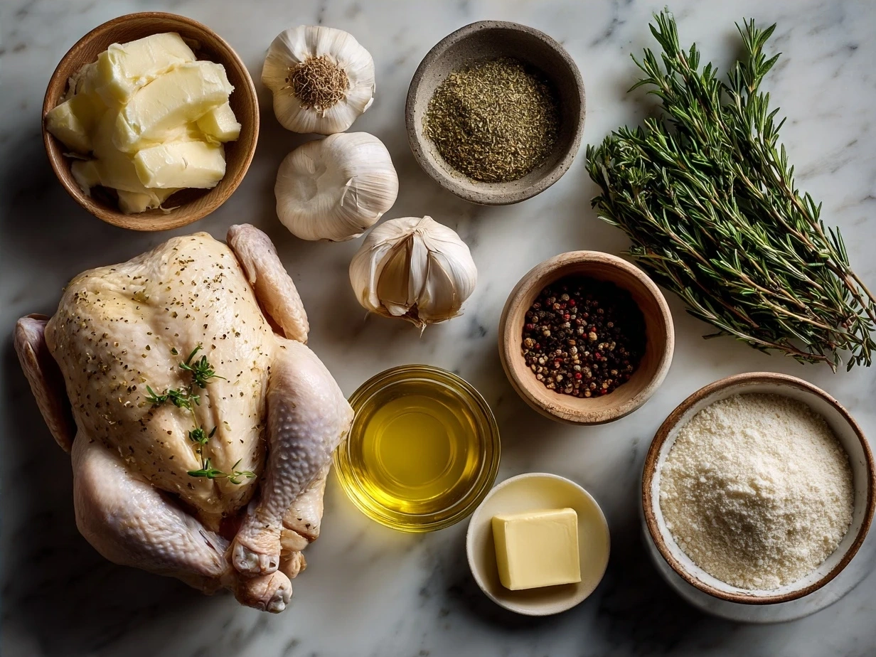 Ingredients for garlic parmesan chicken including fresh garlic, Parmesan cheese, chicken thighs, heavy cream, and herbs