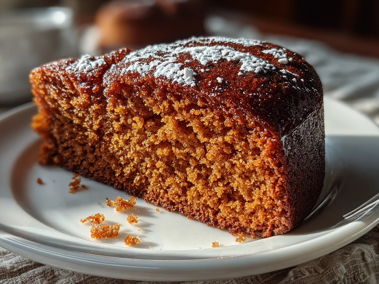 Finished gingerbread cake with powdered sugar on a white plate.