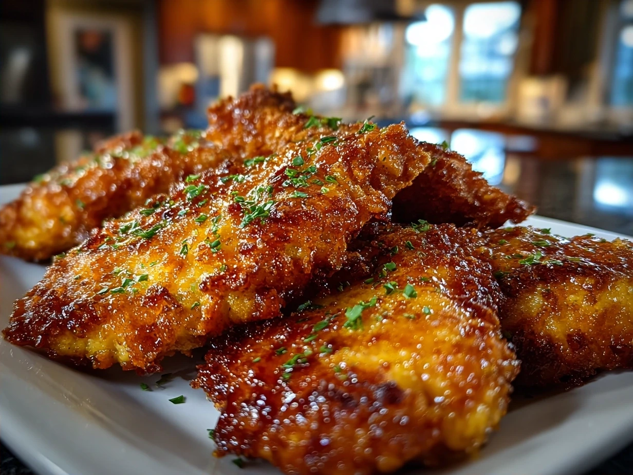 Golden crispy gluten free chicken tenders plated beautifully