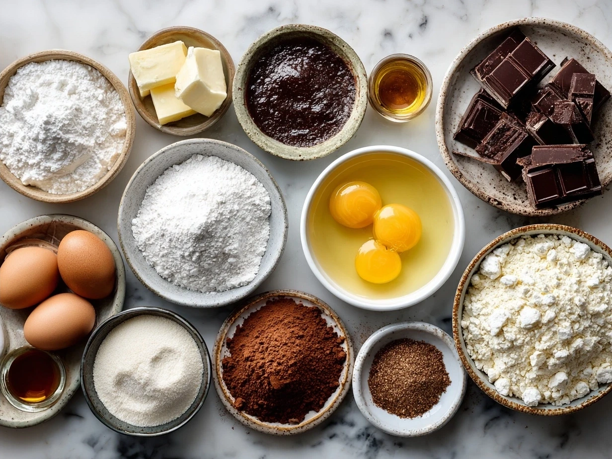 Ingredients for gooey chocolate cake including chocolate, butter, eggs, sugar, and flour