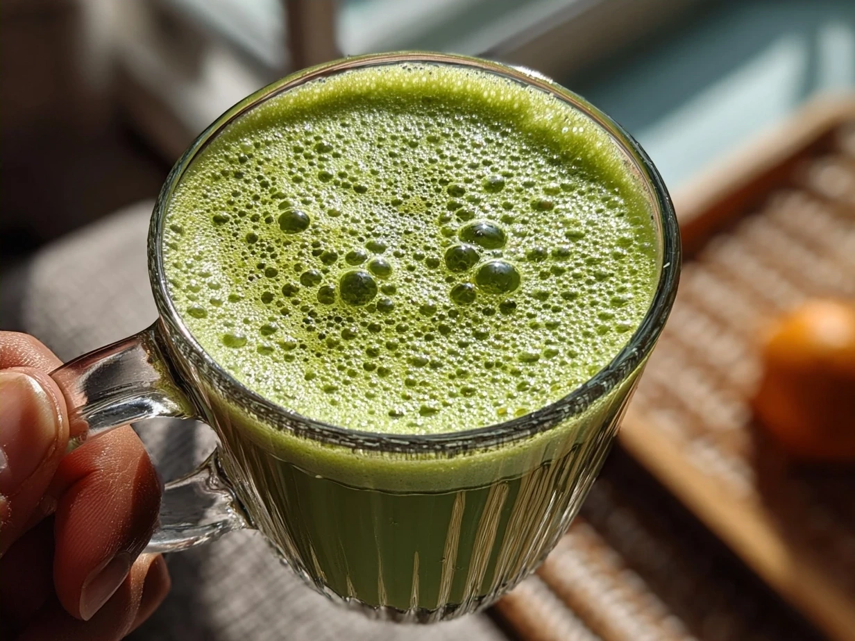 Bright green fresh juice served in a glass, ready to drink