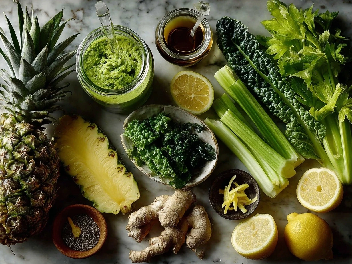 Fresh ingredients for green juice recipe: kale, cucumber, celery, apple, ginger, lemon, parsley, and coconut water