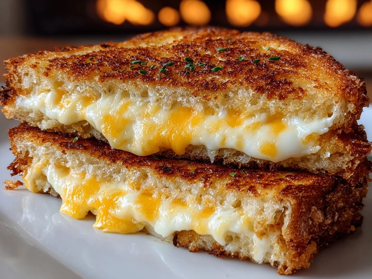 Perfectly grilled cheese sandwich with melted cheddar and mozzarella, browned crust sprinkled with smoked paprika