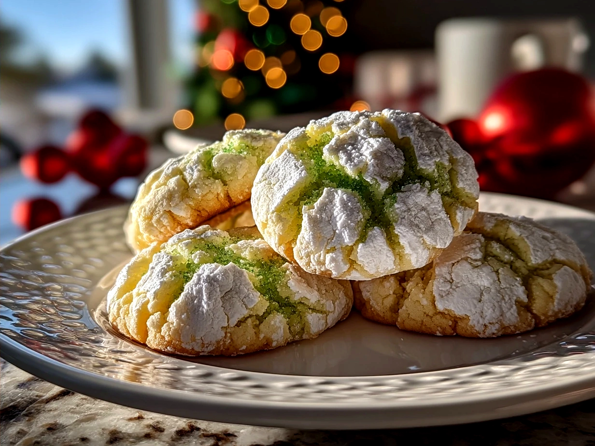 Stack of freshly baked vibrant green Grinch Crinkle Cookies dusted with powdered sugar