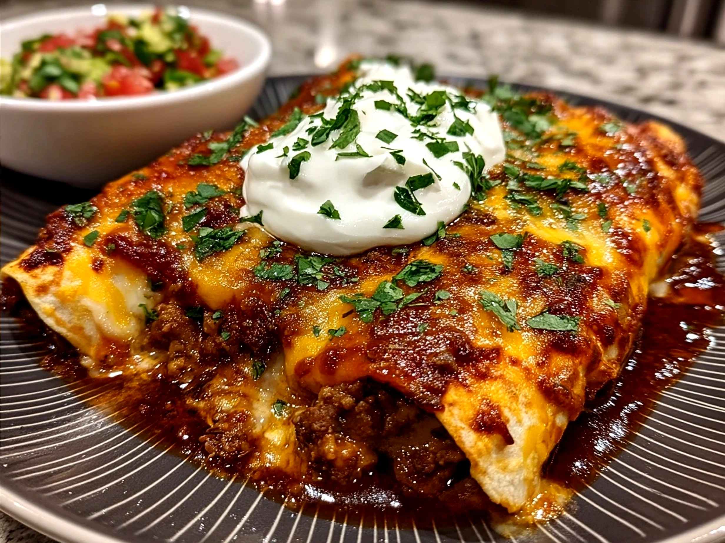 A plated serving of Ground Beef Enchiladas with sour cream and fresh garnishes