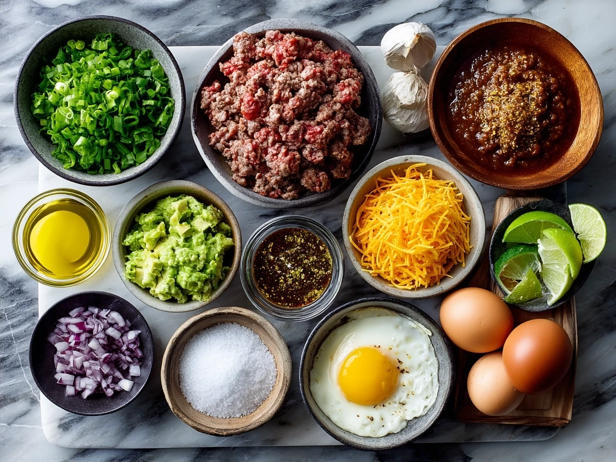 Ingredients for Ground Beef Enchiladas including spices, cheese, tortillas, and ground beef