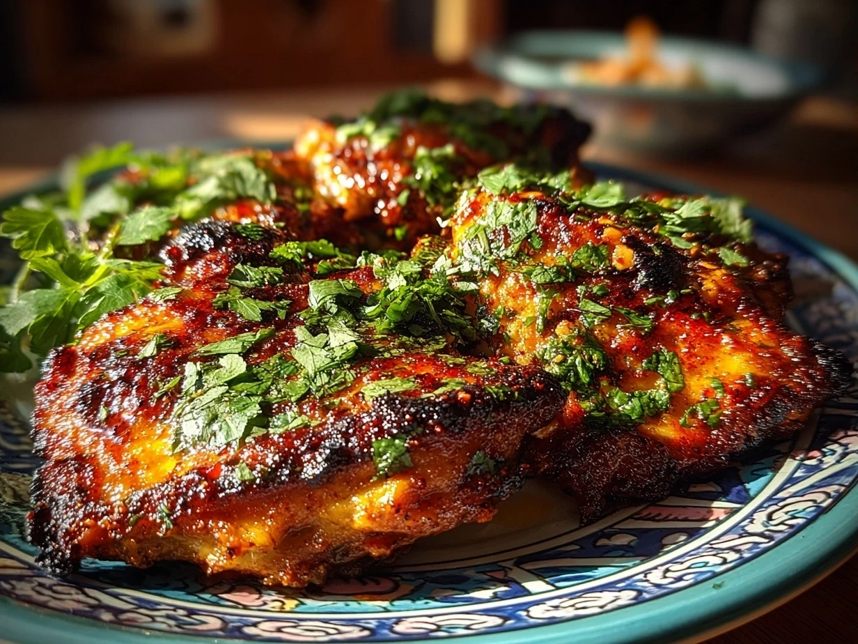 Perfectly roasted Harissa Chicken thighs with crispy skin and bold red color