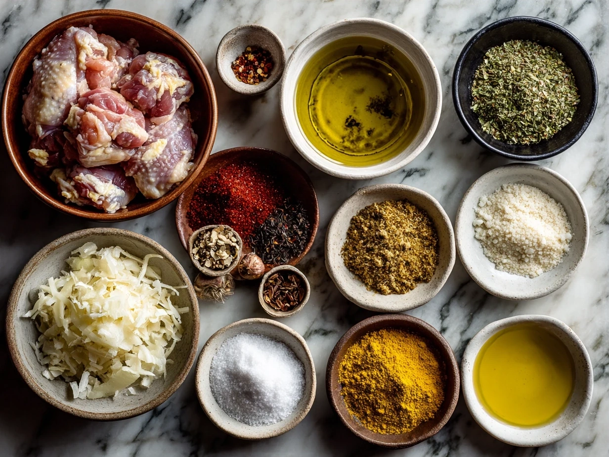 Ingredients for Harissa Chicken including chicken thighs, harissa paste, garlic, lemon, olive oil, cumin, smoked paprika