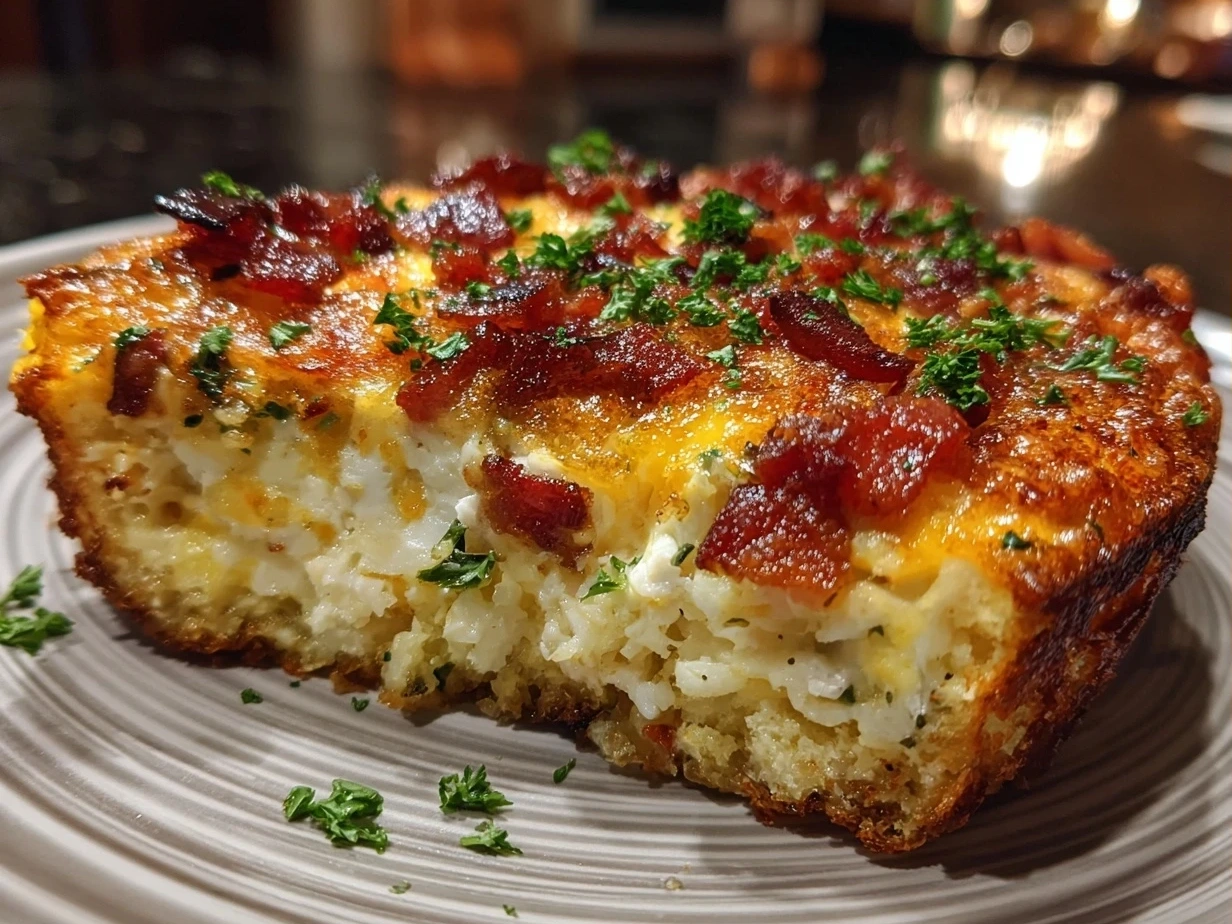 Finished Hashbrown Breakfast Casserole golden and cheesy in a baking dish