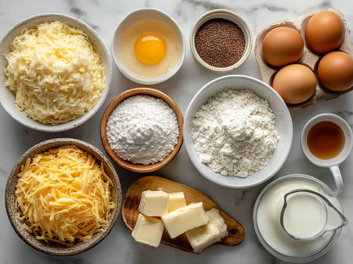 Ingredients for Hashbrown Breakfast Casserole including shredded hashbrowns, cheese, eggs, sour cream, sausage, and spices