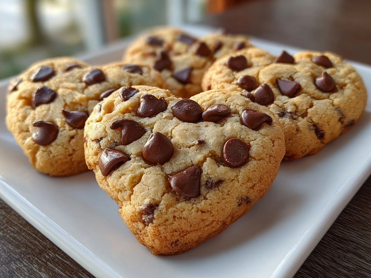Freshly baked Heart-Shaped Chocolate Chip Cookies presented beautifully