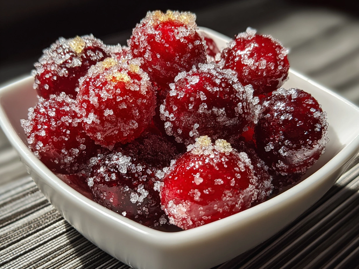 Close-up of finished 3-Ingredient Sugared Cranberries sparkling with sugar coating
