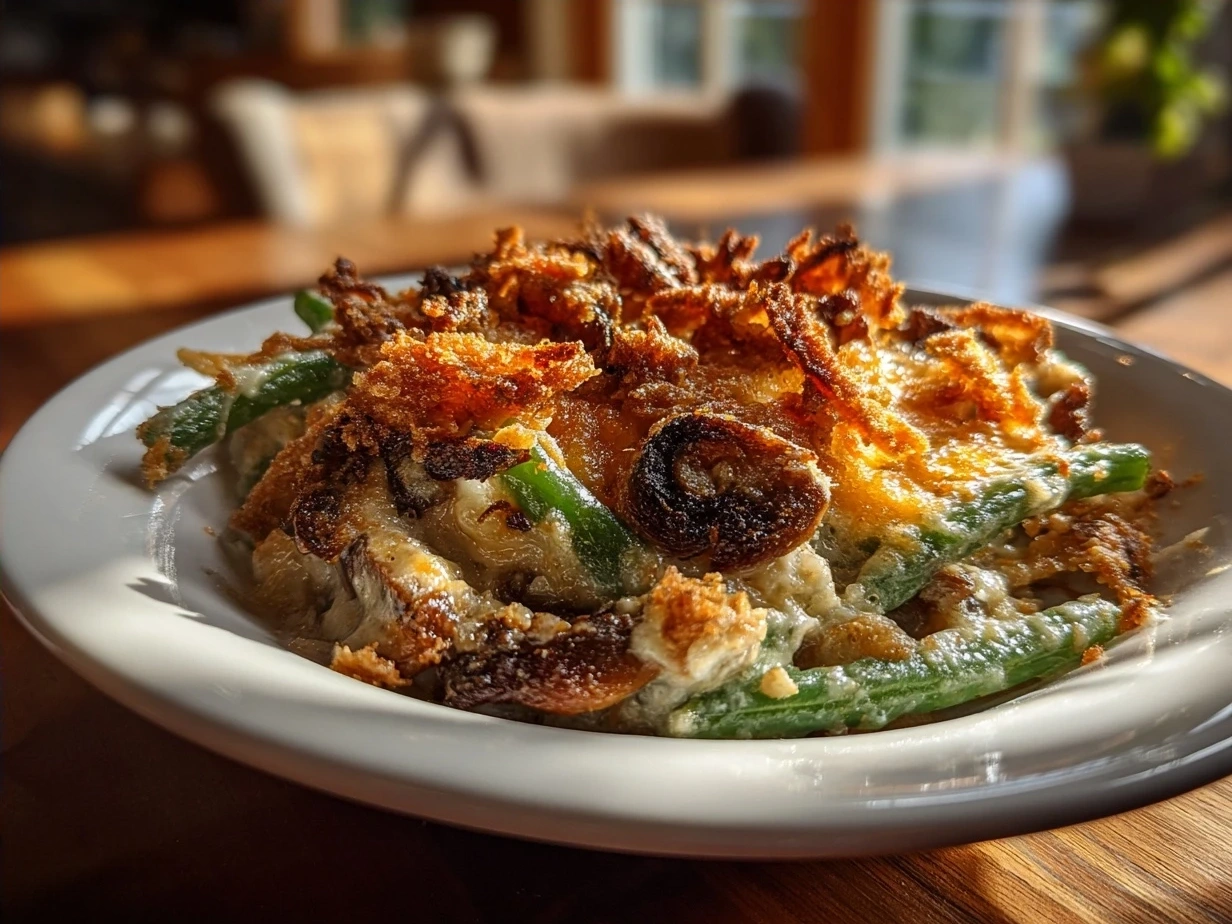 Finished Homemade Green Bean Casserole fresh out of the oven with golden crispy fried onion topping