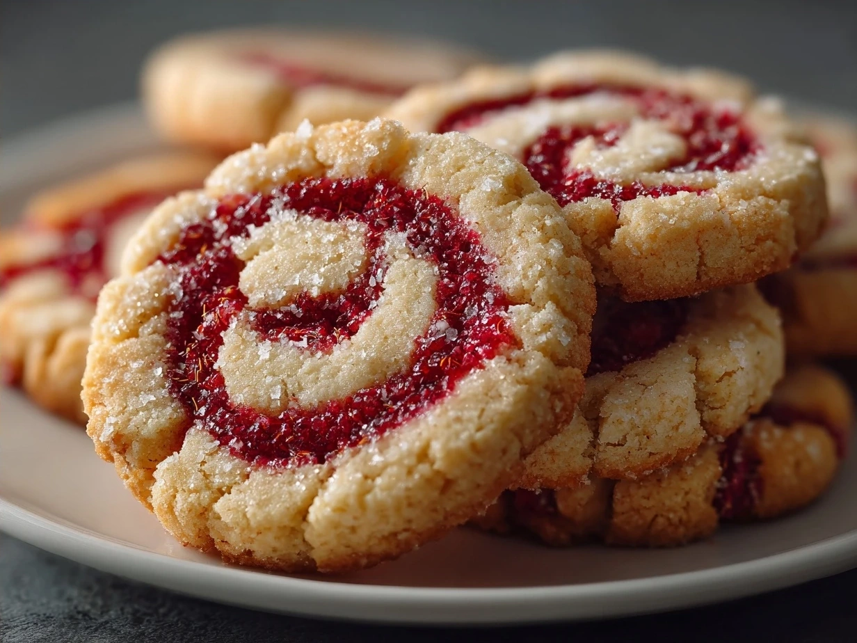 Final result of homemade raspberry swirl shortbread cookies
