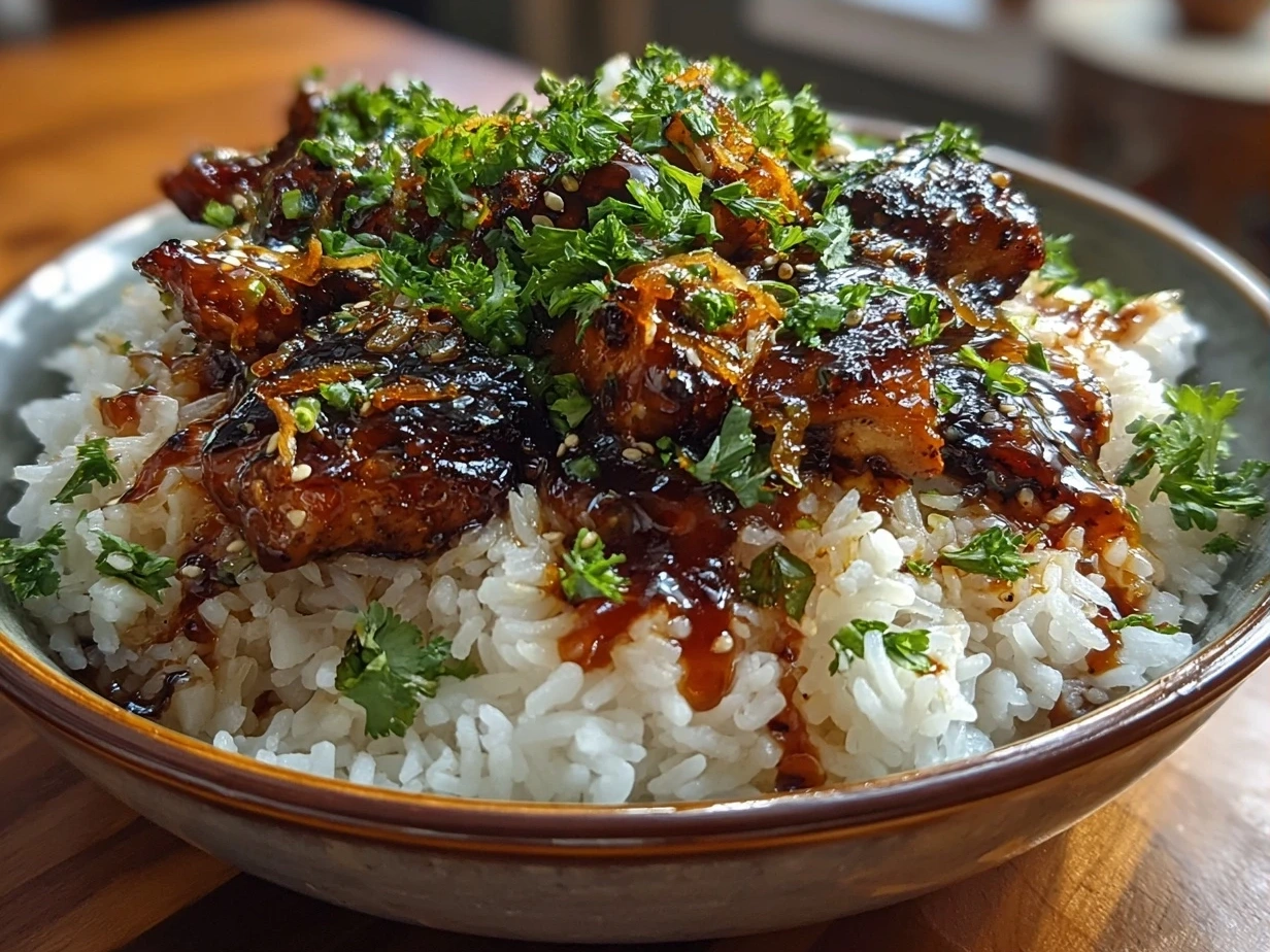 Finished Honey Sriracha Chicken Rice Bowls with glossy sticky chicken on rice garnished with green onions and sesame seeds