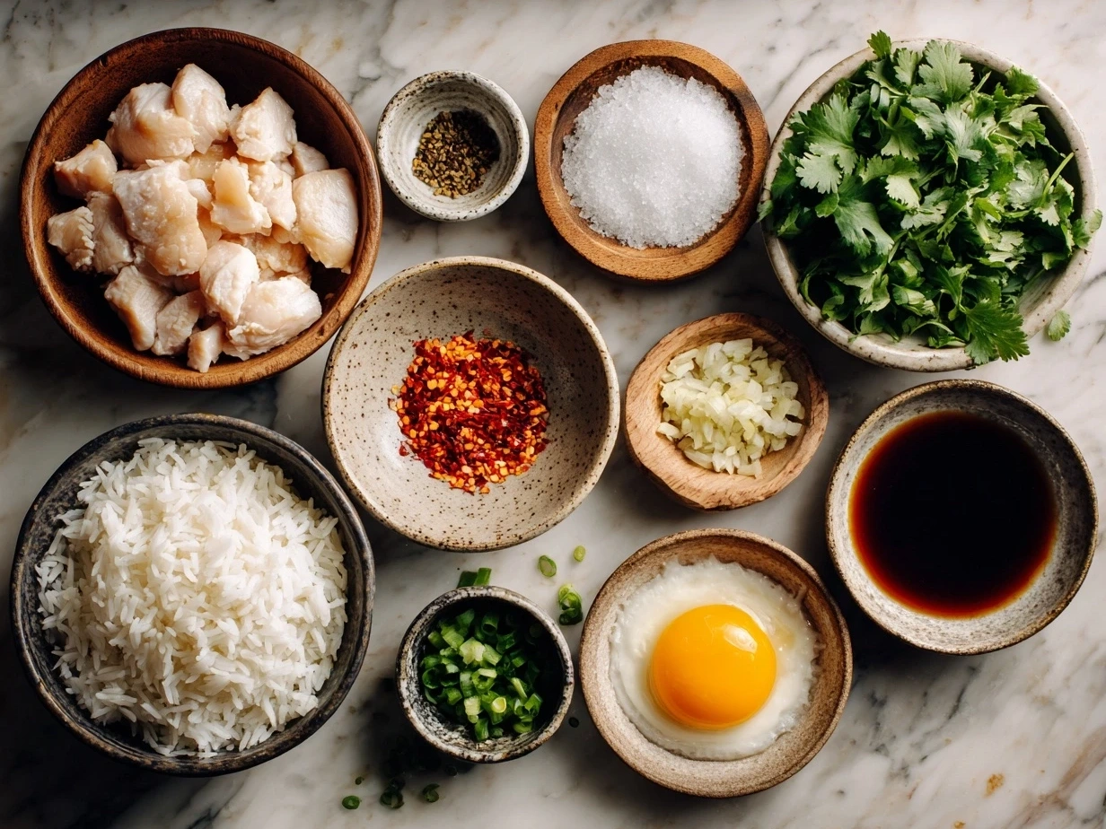Ingredients for Honey Sriracha Chicken Rice Bowls including chicken thighs, honey, Sriracha, garlic, and rice