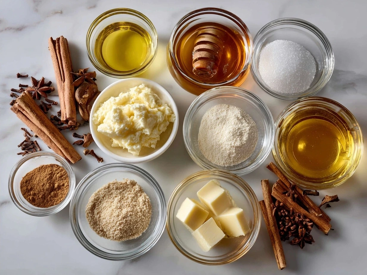 Ingredients for Hot Buttered Rum laid out on a rustic wooden table