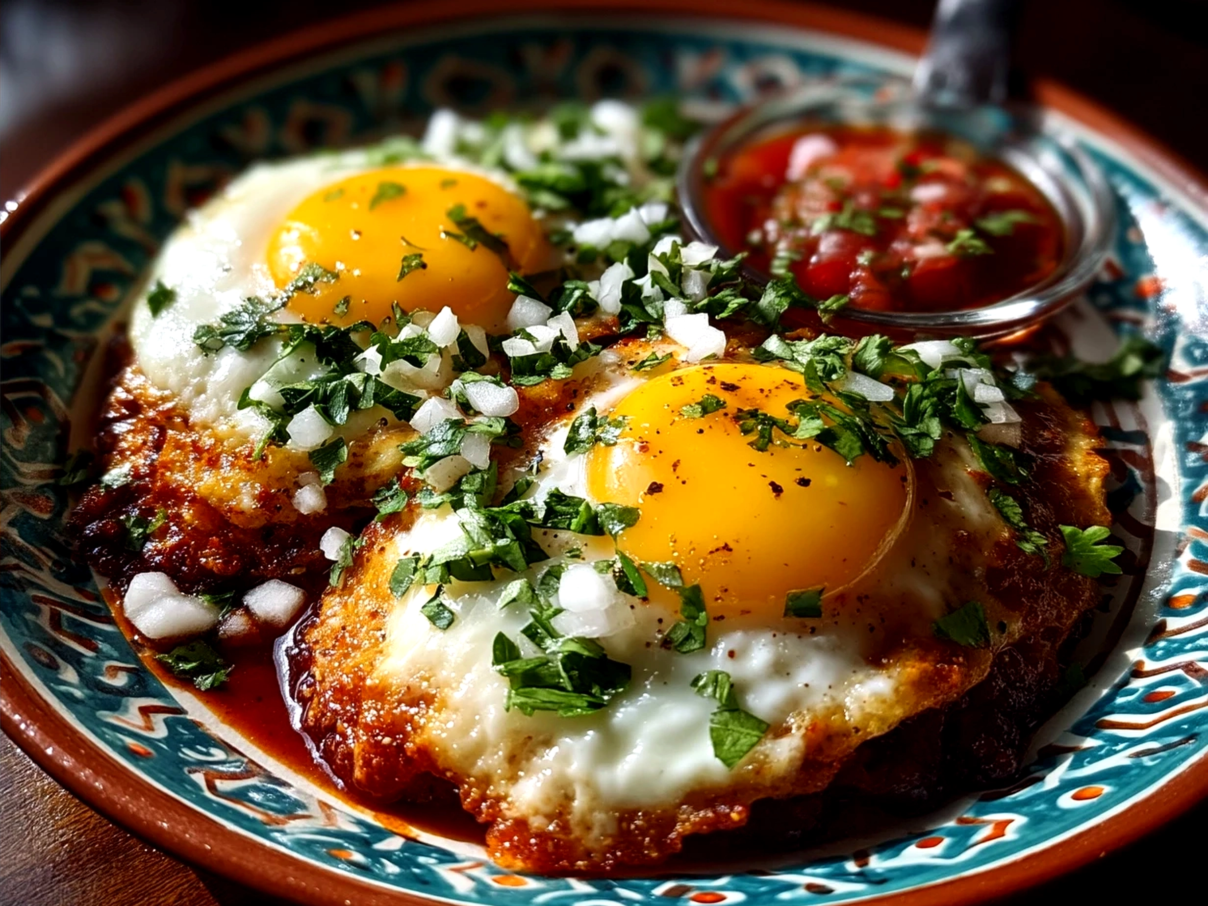 Beautifully plated Huevos Rancheros with vibrant salsa, fresh herbs, and lime wedges