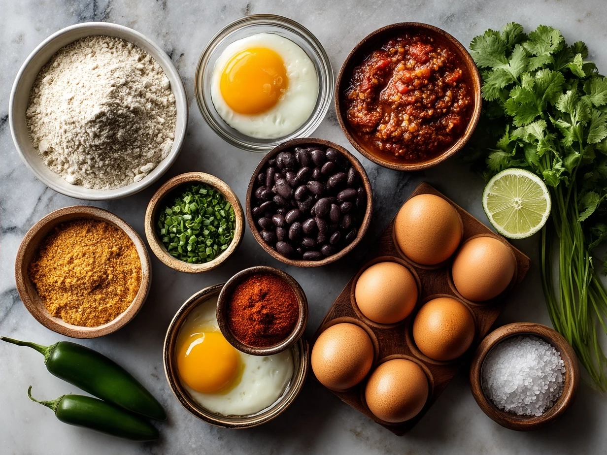 Ingredients for Huevos Rancheros including eggs, tortillas, salsa, beans, and fresh herbs